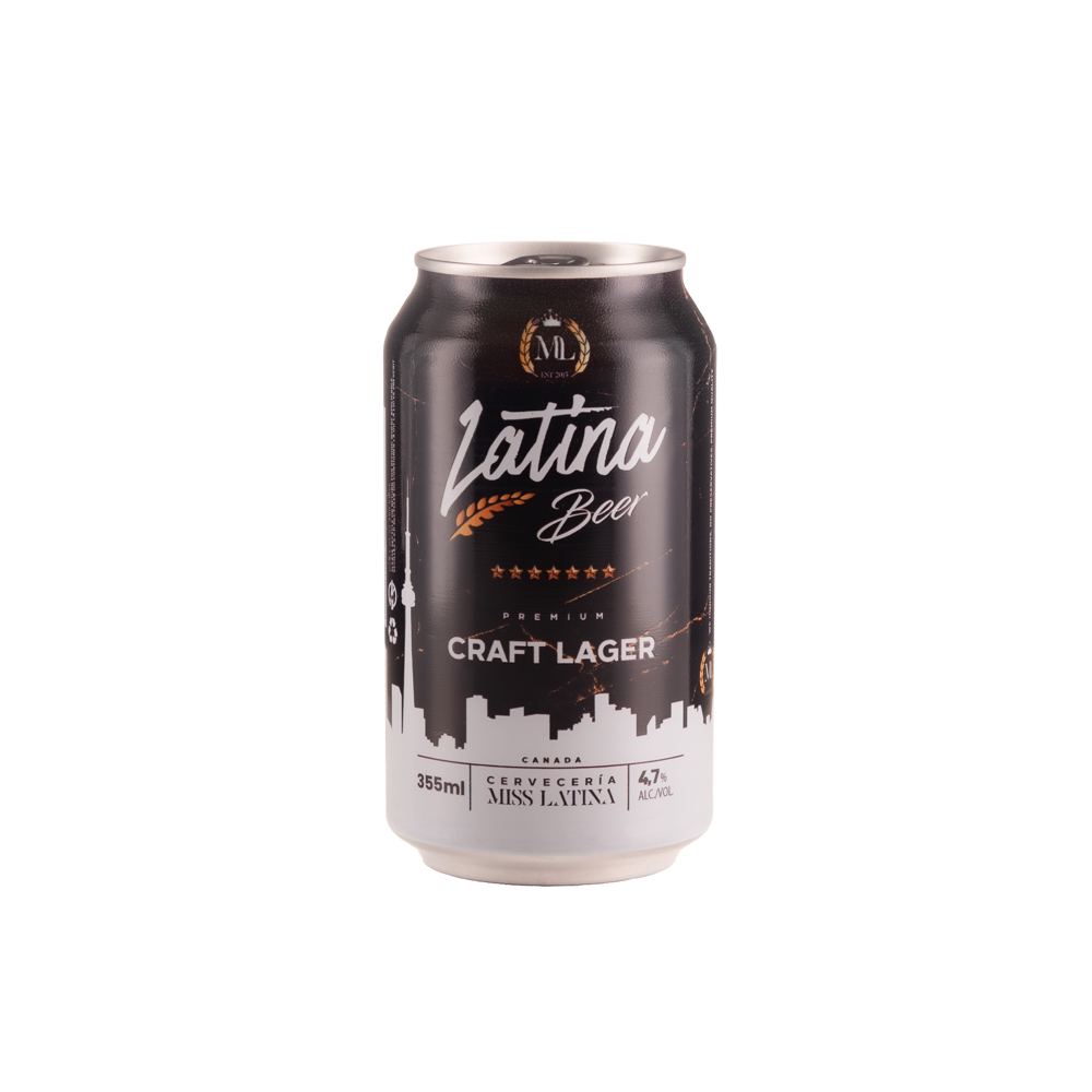 LATINA BEER can with its original black, white and gold packaging